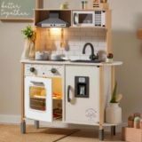 Tiny Land Play Kitchen for Kids – Real Lights, Sounds & Adjustable Height | Wooden Chef Pretend Play Set, 18 Pcs Toy Food & Cookware Accessories, Ideal Gift for Toddlers