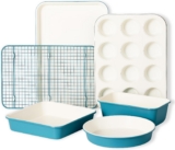 CAROTE 6-Piece Ceramic Baking Pans Set, Aluminized Steel Bakeware Sets, Toxin-Free Nonstick Stackable Oven Pans with Cookie Sheet, Muffin Pan, Loaf Pan, Round & Square Cake Pan, Cooling Rack