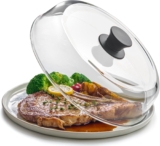 Le’raze 10inch Glass Microwave Splatter Cover for Food – 100% Food Grade BPA & Lead Free – Dishwasher Safe – Cookware & Bakeware Serving Dish Plate Mess Guard Lid with Easy Grip Silicone Handle Knob