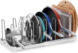 EVERIE Adjustable Bakeware Organizer Pot Lid Holder Rack for Pots, Cake Molds, Cutting Boards, Mats, Cookware, GS02SS, 7.7” Deep by 12.6” to 21.5” Wide
