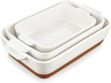 MALACASA Casserole Dishes for Oven, Ceramic Baking Dishes Set of 3, Baking Pan Casserole Dish Set, Rectangular Lasagna Pan Deep with Handles for Baking, Khaki White (14.5”/13”/10.5”), Series TARA