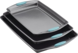 Rachael Ray Nonstick Baking Pans Set, 3-Piece Cookie Pan Bakeware, Gray with Agave Blue Silicone Grips