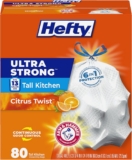 Hefty Ultra Strong 13 Gallon Trash Bags, Tall Kitchen Trash Bags 13 Gallon Size, Drawstring Closure, Continuous Odor Control, White, Citrus Twist Scent, 80 Bags