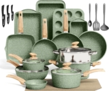 Kitchen Academy Pots and Pans Set Non Stick, 30 Pieces Induction Cookware and Bakeware, Green Granite Coating Cooking Sets