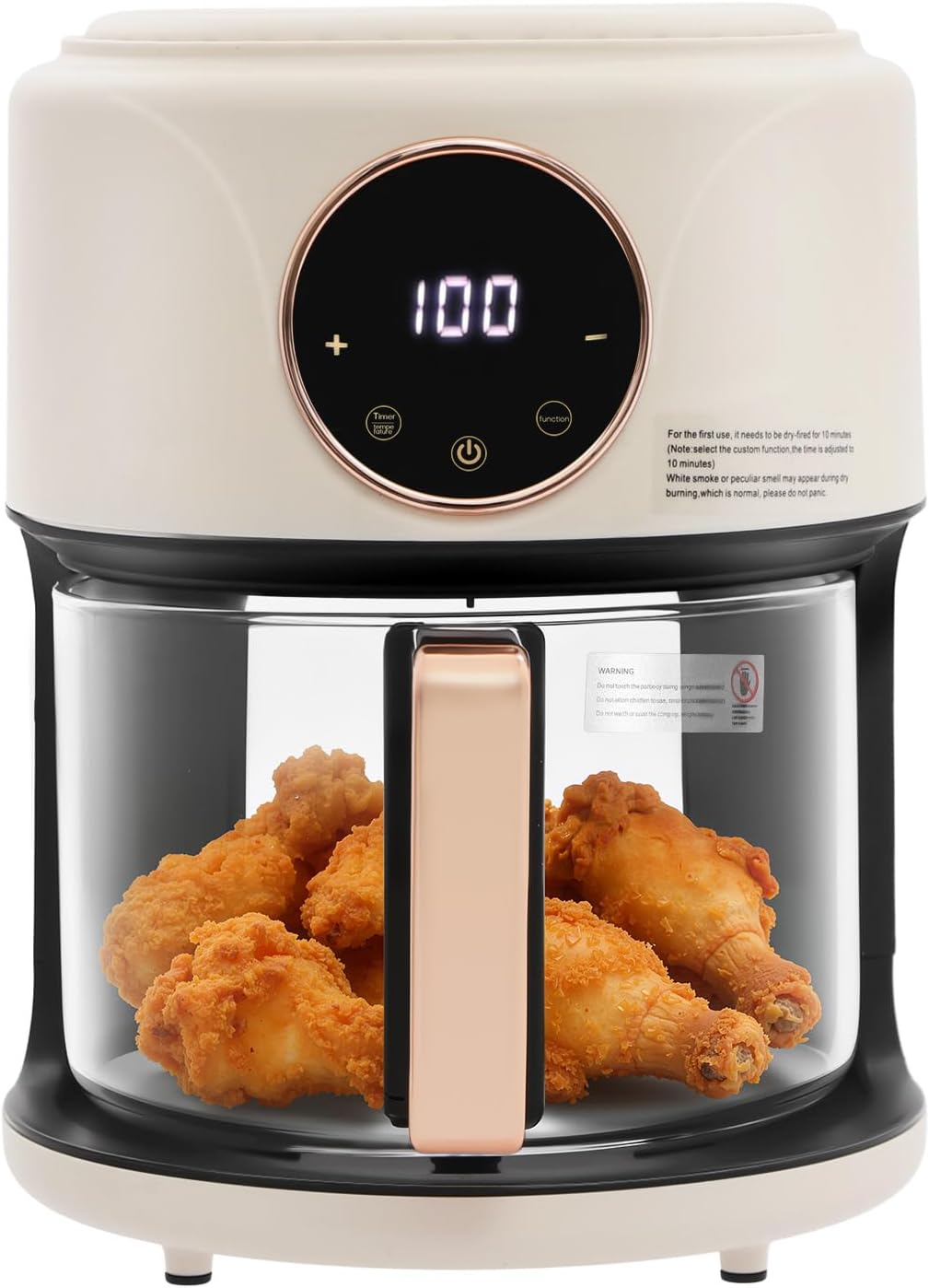 Glass Air Fryer 4.44Qt with 360° Transparent Viewable Bowl, 8 Preset Modes, Precise Temp 176°F-392°F & 60 Min Timer, 1200W Oil-Less Cooking, Non Toxic, Dishwasher Safe, White