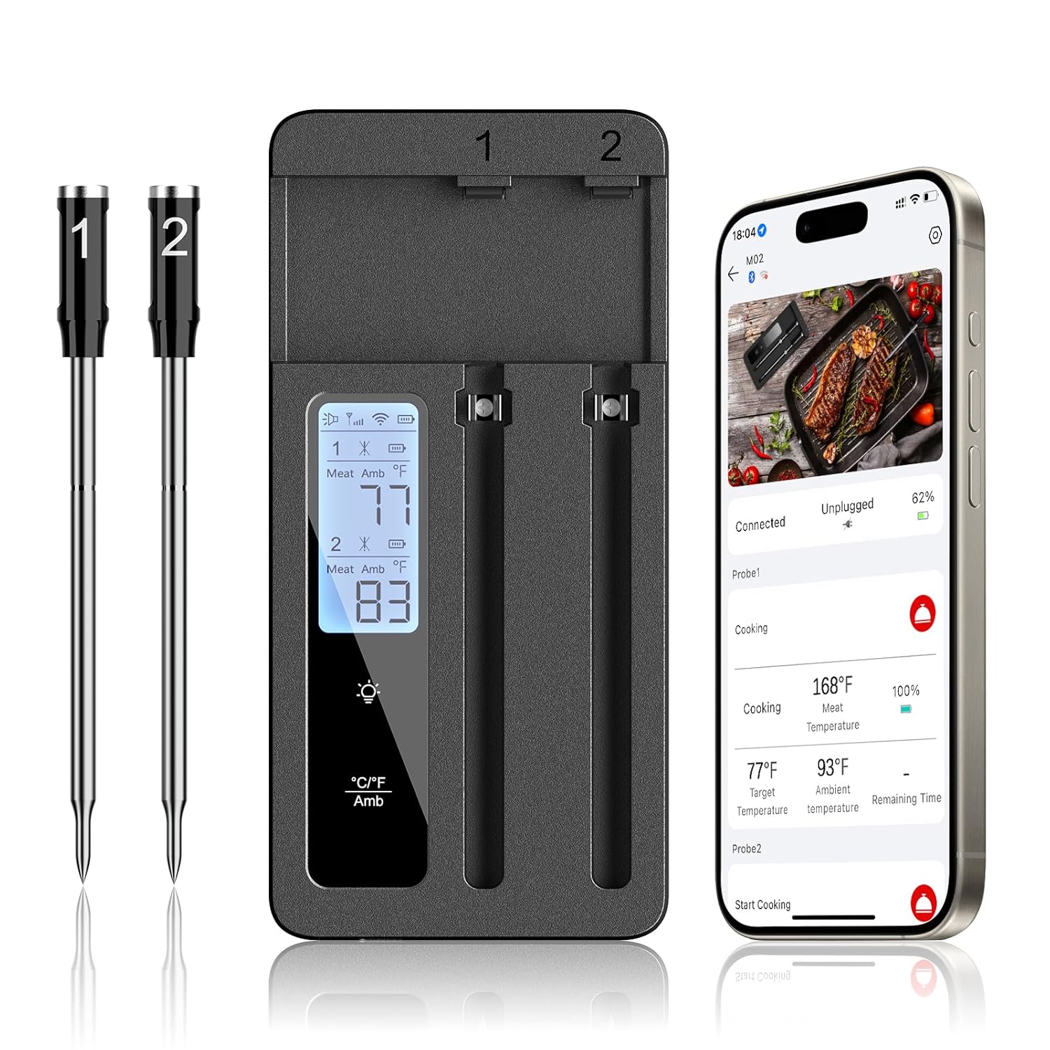 ROUUO Smart Wireless Meat Thermometer with Dual Probes – Advanced Bluetooth Cooking Thermometer for Perfect Grilling, Smoking, Oven Roasting & Air Frying, Long Range Monitoring & Smart Alerts（Black