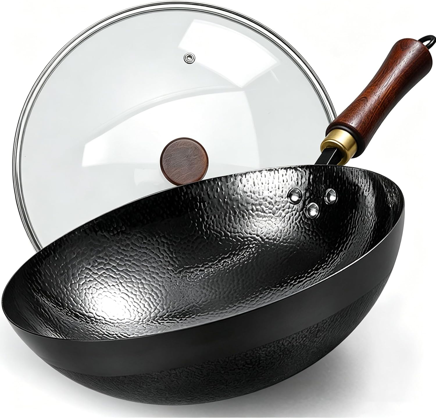 Carbon Steel Wok Pan, 11.8-Inch Nonstick Pre-Seasoned Woks & Stir-Fry Pans with Glass Lid, No Chemical Coated Wok Round Bottom Hand Hammered Chinese Wok for Gas Stoves