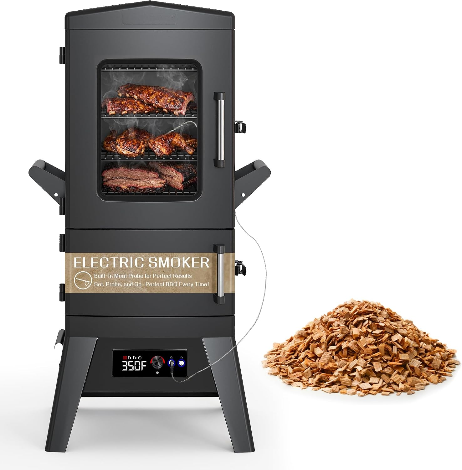 40 Inch Electric Smoker with Digital Controls & Meat Thermometer, Vertical BBQ Smoker with 4 Smoking Racks, Wood Chip Tray & Waterproof Cover, 633 Sq In Outdoor Smoker for Ribs, Brisket & Turkey