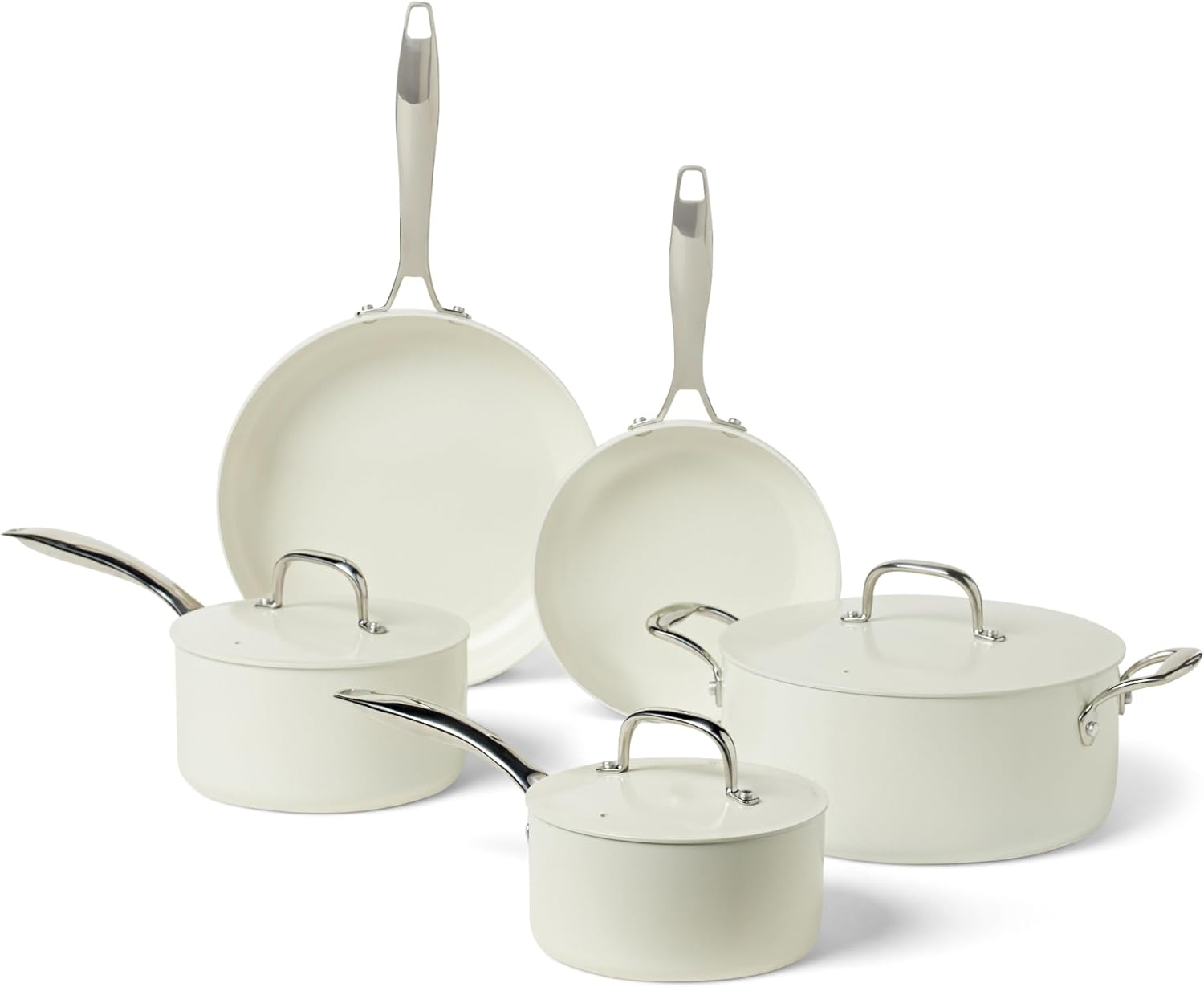 Amazon Basics Ceramic Nonstick Cookware, 8-Piece Set of Pots and Pans, Dishwasher and Oven-Safe, All Cooktop Induction Friendly, Ivory