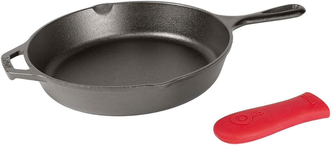 Lodge Seasoned Cast Iron Skillet – 10.25 inch – Pre-Seasoned Frying Pan – Heavy-Duty Skillet – Hot Handle Holder Included – Features 2 Pouring Spouts