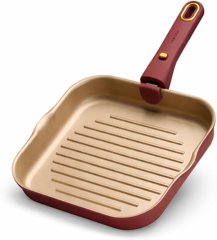 CAROTE 10 Inch Titanium Reinforced Nonstick Grill Pans for Steak, Non-Stick Grill Pans Sets with Detachable Handle, PFOS, PFOA Free, Gas & Induction Safe, All Stovetops Compatible, Burgundy