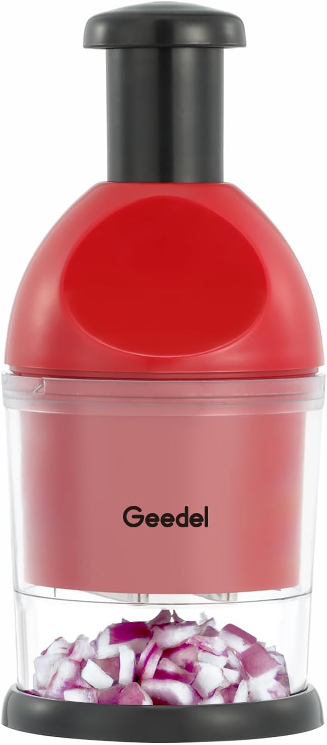 Geedel Food Chopper, Easy to Clean Manual Hand Vegetable Chopper, Dishwasher Safe Slap Onion Cutter for Veggies Onions Garlic Nuts Salads Red