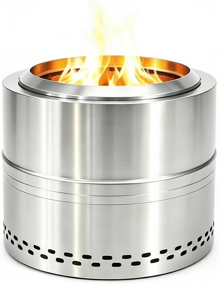 Smokeless Firepit Bonfire 20″, Outside Wood Burning Metal Stove Stainless Steel Fire Pit with Carry Bag, Portable Camping Propane Patio Backyard, Easy Setup & Cleaning (Silver Without Hallow)