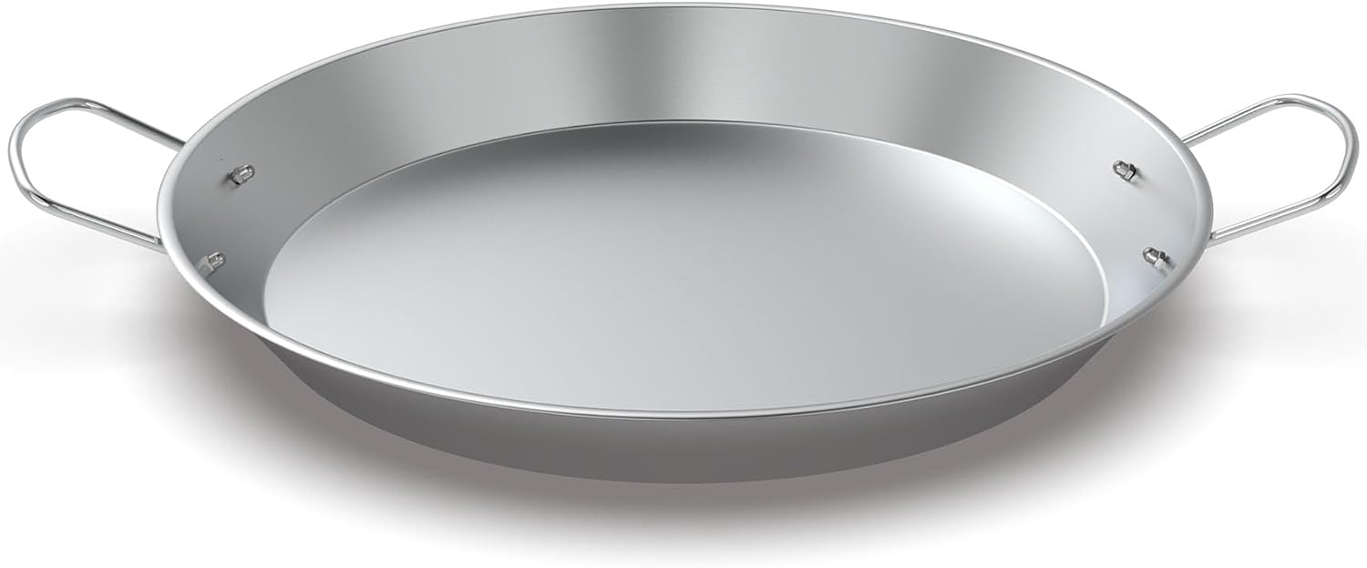 Stainless Steel Paella Pan with Handles, 18.5in Round Grill Griddle for TIKI Solo Stove Cuisinart Fire Pit Kamado Charcoal Grill Weber Kettle and More, Oven and Induction Safe for Indoor & Outdoor Use