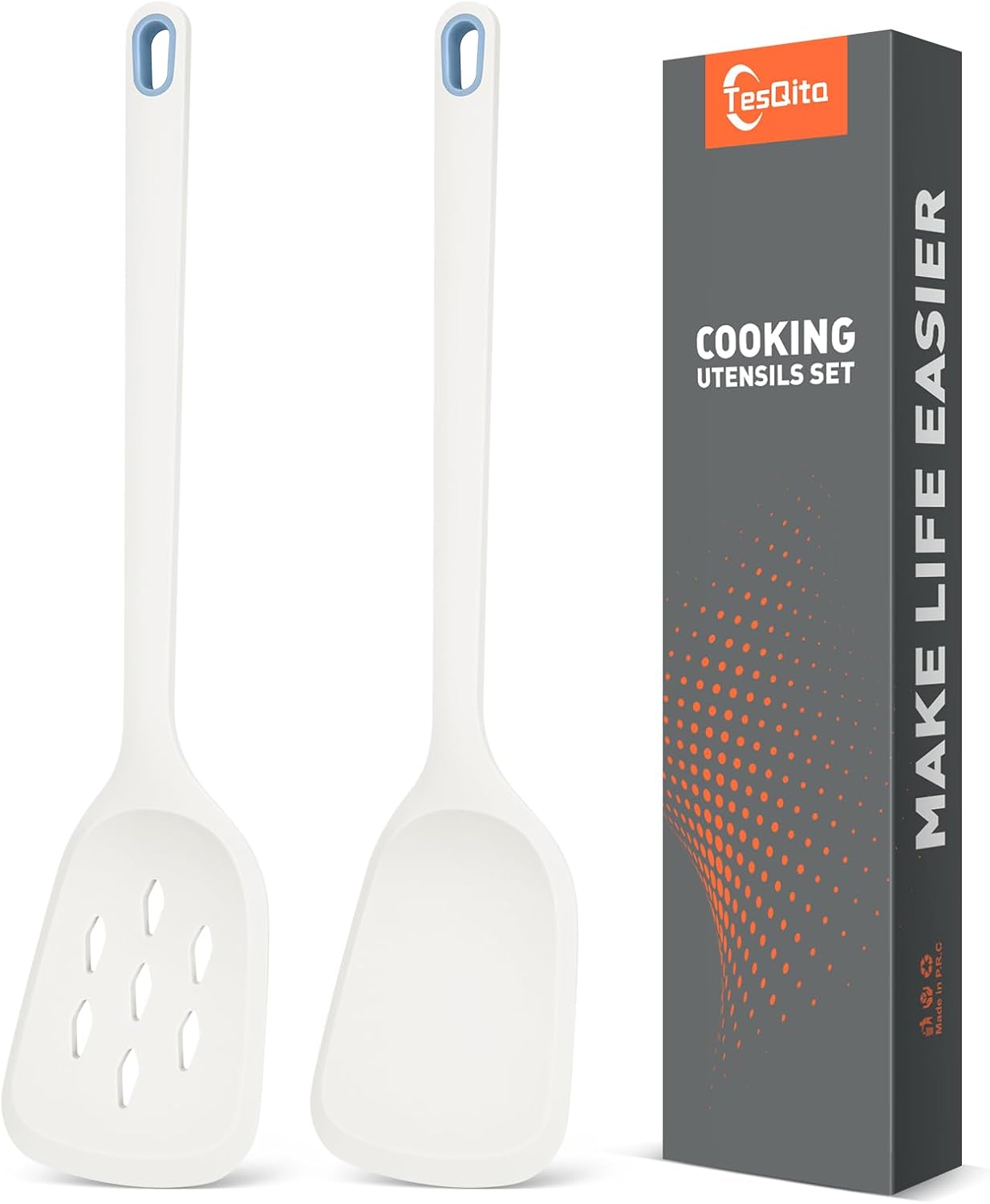 Silicone Cooking Spatula&Slotted Spatulas, Pack of 2,Solid Turner Kitchen Utensils Set for Cooking,Frying, Baking, Flipping, Turning,Heat Resistant 450℉ (White)