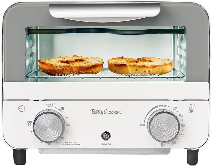 Betty Crocker Mini Toaster Oven, Compact Countertop Oven for Dorms, RVs, Apartments, 7-Liter Capacity, 750W, Adjustable Timer, Includes Baking Tray & Rack, BC-5629W, White/Gray