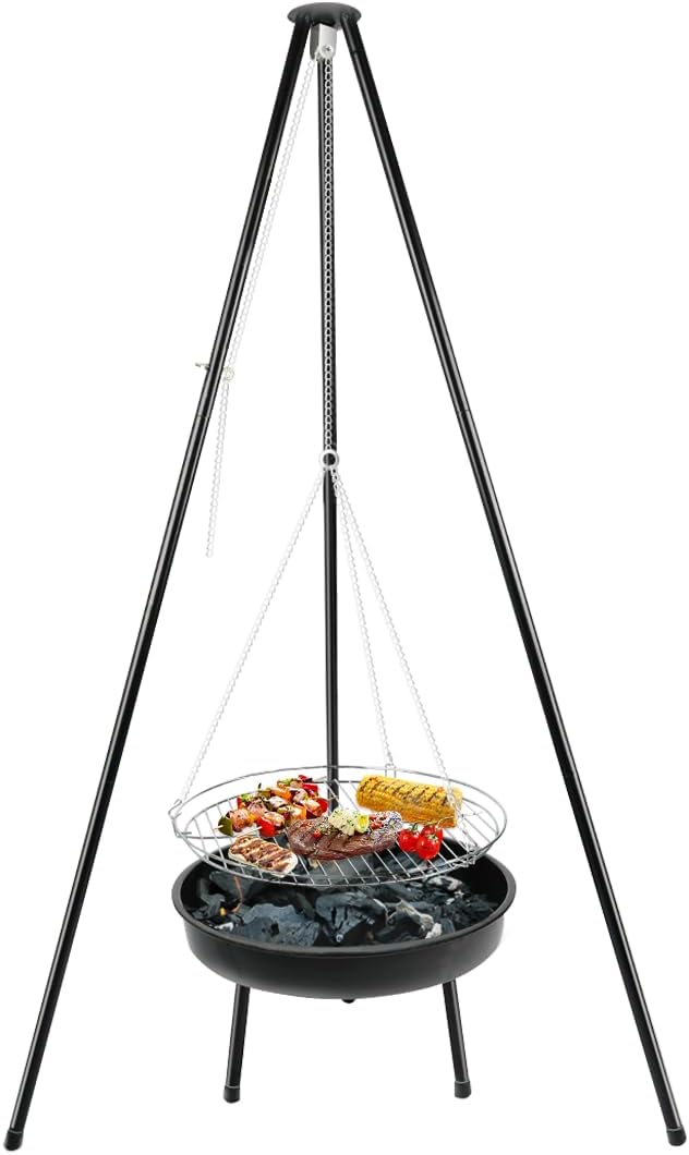 Campfire Tripod Grill, Adjustable Height BBQ Grill, Foldable Tripod Grill for Outdoor Camping Fire (black)