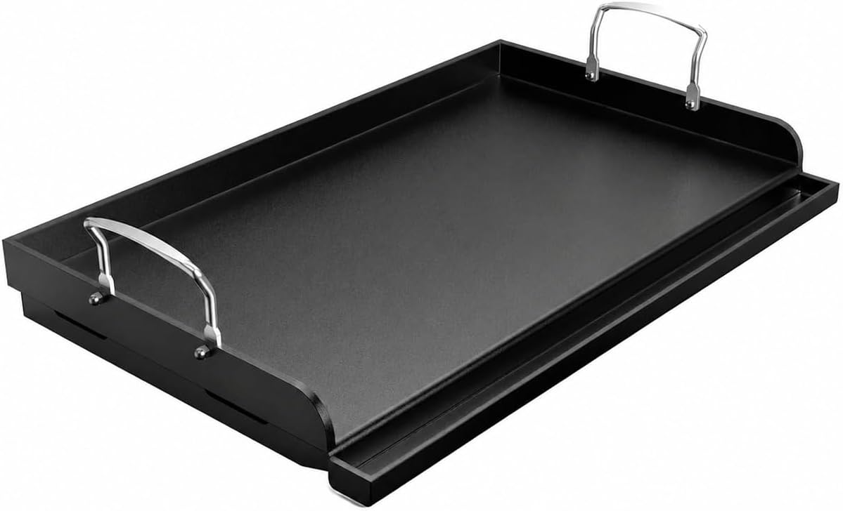Cast Iron Griddle for Gas Grill, 25″ x 16″ Nonstick Flat Top Grill Griddle Plate, No Seasoning Required, Heavy Duty Outdoor BBQ Griddle with Grease Drain for Camping, Tailgating and Backyard Cooking