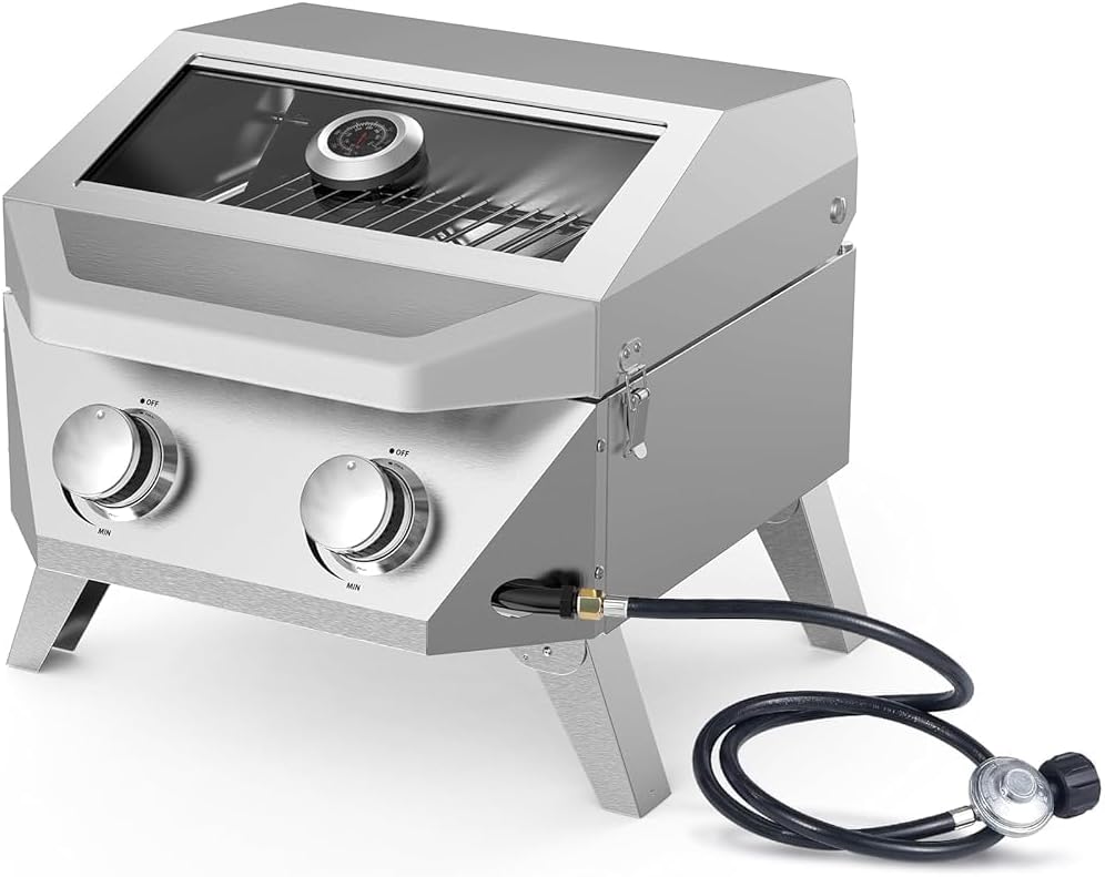 Bestfire 2-Burner Tabletop Gas Grill with Viewing Glass Lid, 20,000 BTU Stainless Steel Portable Propane BBQ Grill, Built-in Thermometer & Push-Button Ignition, for Outdoor Camping, RV, Tailgating