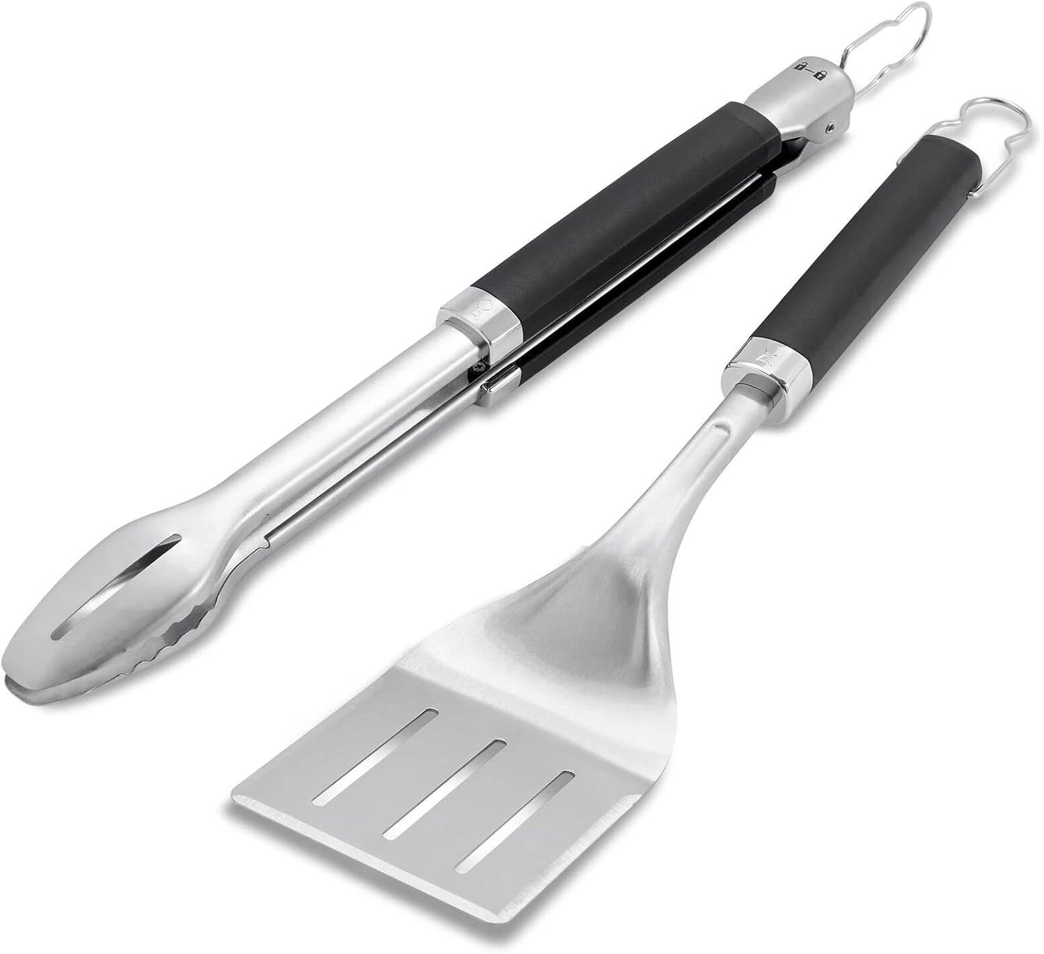 Weber Precision Tongs & Spatula Grilling Tool Set – Stainless Steel BBQ Tools with Hands‑Free Locking Tongs, 3‑Sided Beveled Spatula, Non‑Slip Soft‑Touch Handles – Grill Accessory Kit
