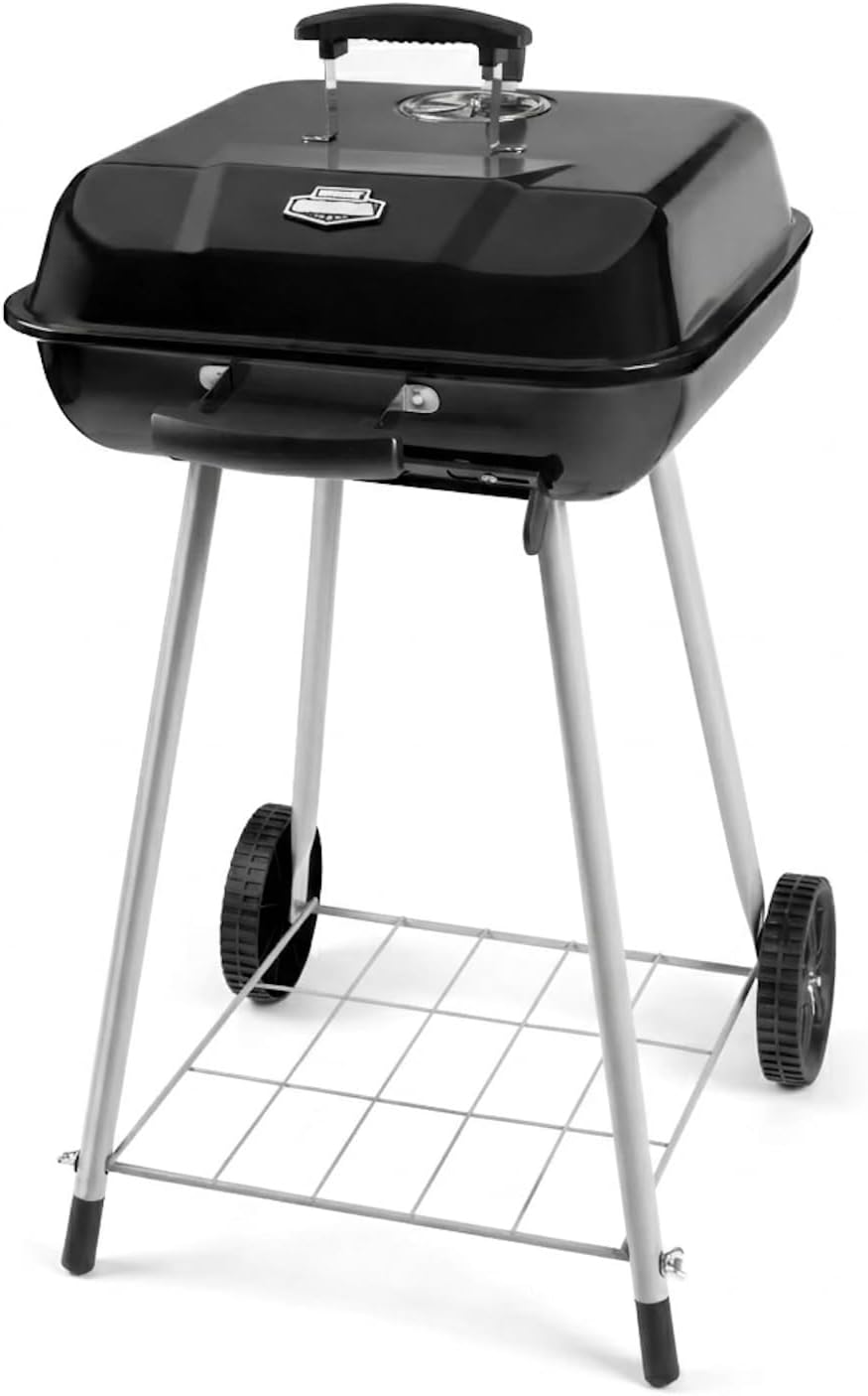 17.5 Inch Square Charcoal Grill with Wheels, Portable Outdoor BBQ Kettle Grill for Patio and Backyard Cooking, Porcelain-Coated Steel Grates and Adjustable Dampers, 302 Sq In Cooking Area, Black