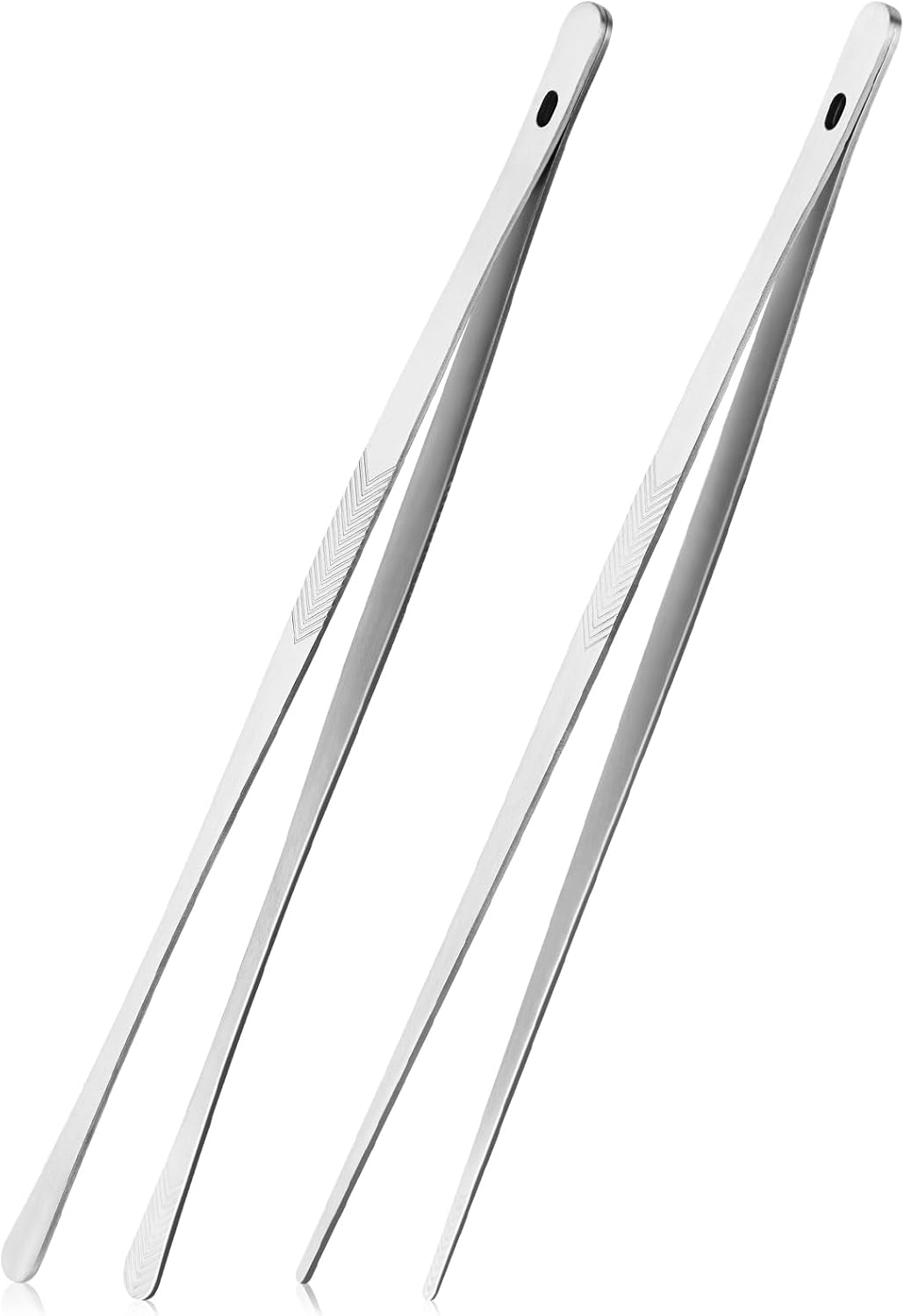 ChefBee Kitchen Cooking Tongs Tweezers – 2PCS 12″ Stainless Steel Kitchen Utensils, Metal Fine Tweezers Tongs with Precision Serrated Tips for Chef, Serving Food, Grill, Culinary, Pasta, Salad, BBQ