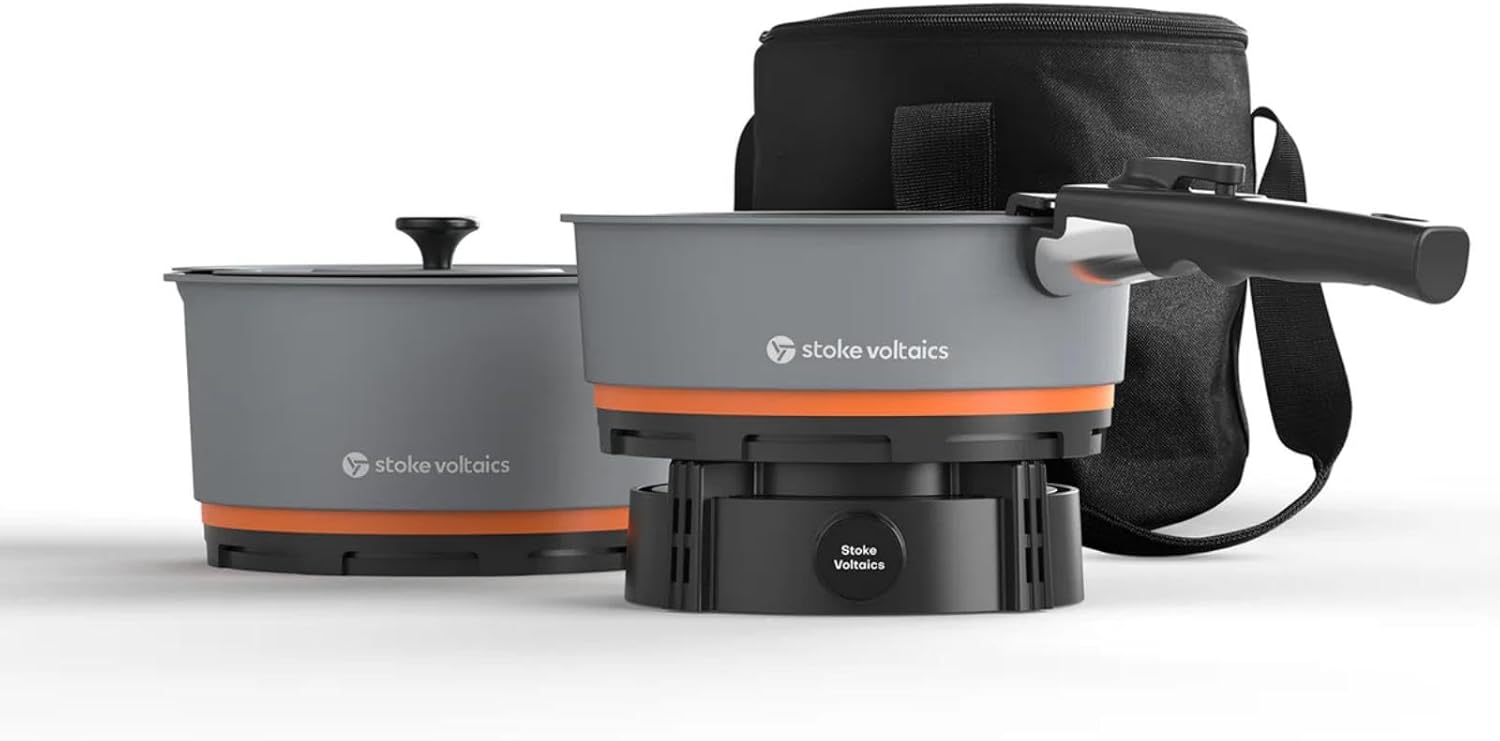 Stoke Voltaics Nomad Cooking System with Bag, Electric Camping Stove 200-1000W with Pan & Pot, 120V Portable Outdoor Cooking Gear Set, Windproof Cookware for RV, EV, Overland, Vanlife, Car Camping