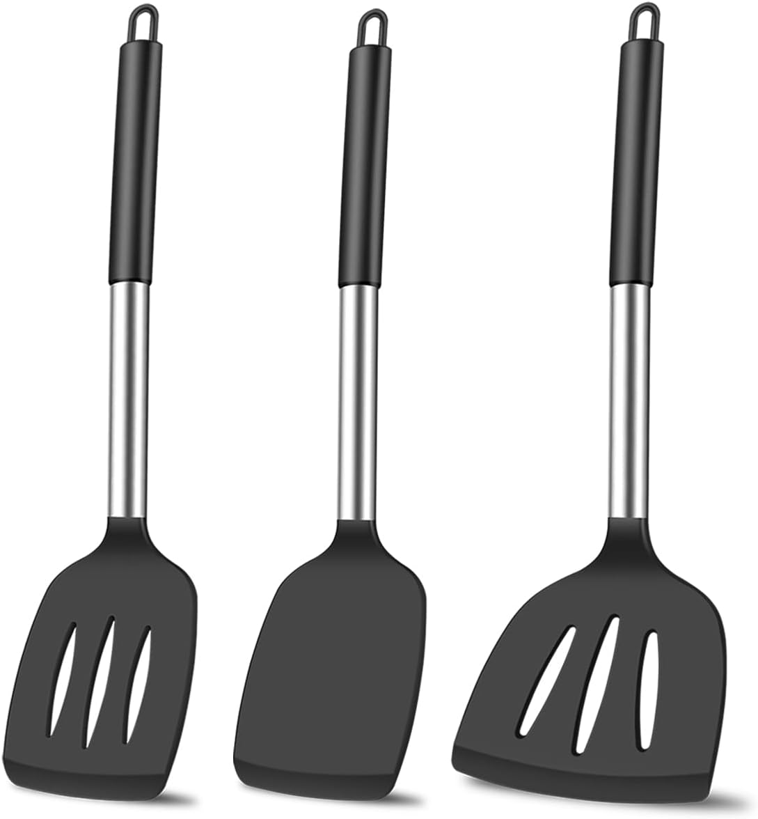 KLAQQED 3Pcs Silicone Spatula Set Heat Resistant Spatulas for Nonstick Cookware Fish Turner Plastic Spatulas Rubber Wok Spatula, Long Large Spatula Silicone Cooking Use Kitchen Utensils Set
