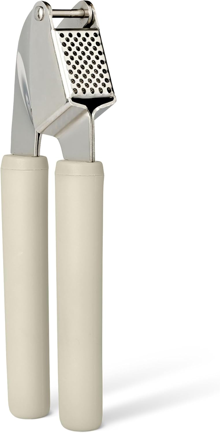 Amazon Basics Garlic Press, Stainless Steel, Soft Grip Handle, Dishwasher-Safe, Linen Gray