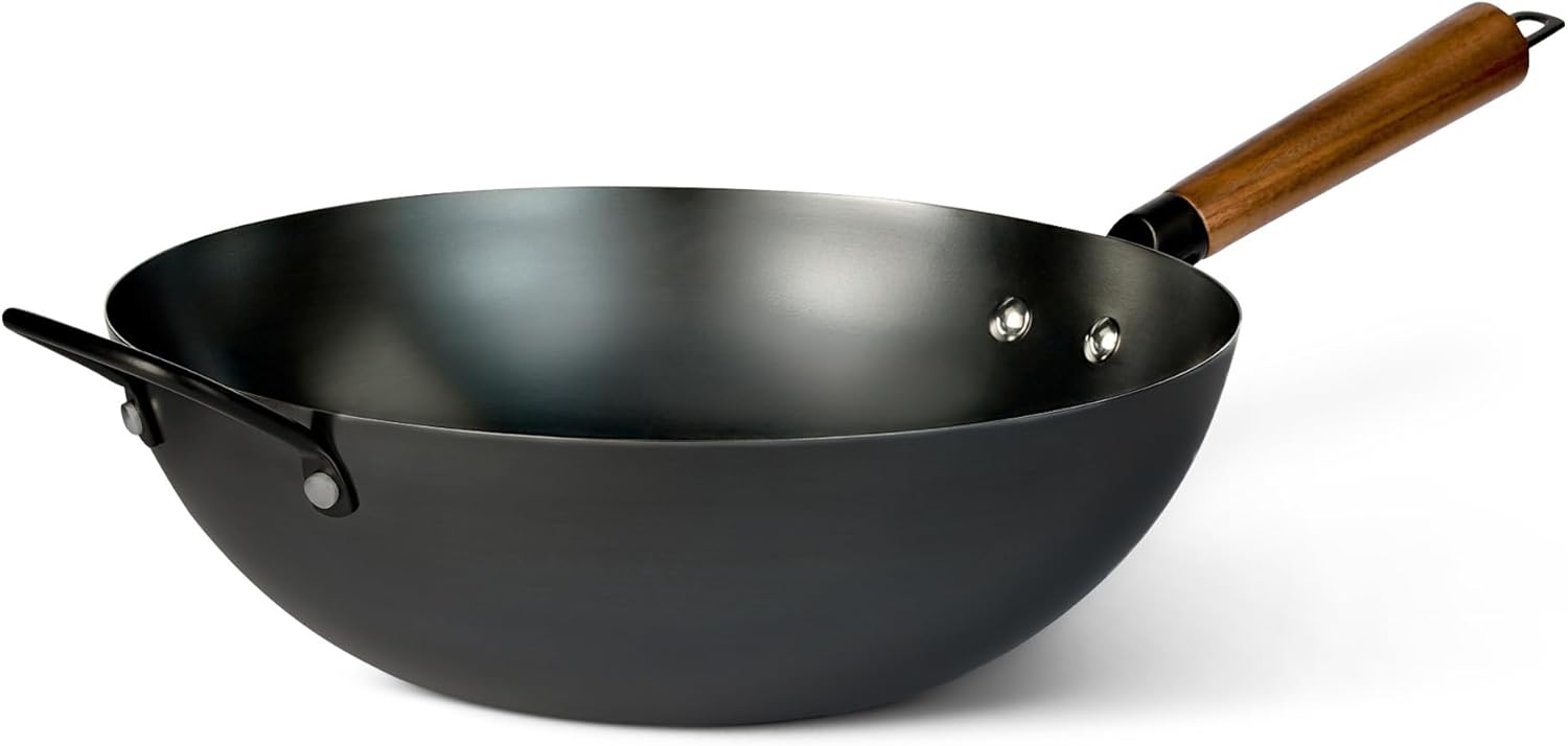 Amazon Basics Carbon Steel Pre-Seasoned Wok, All Cooktop Friendly, 12.6 in.
