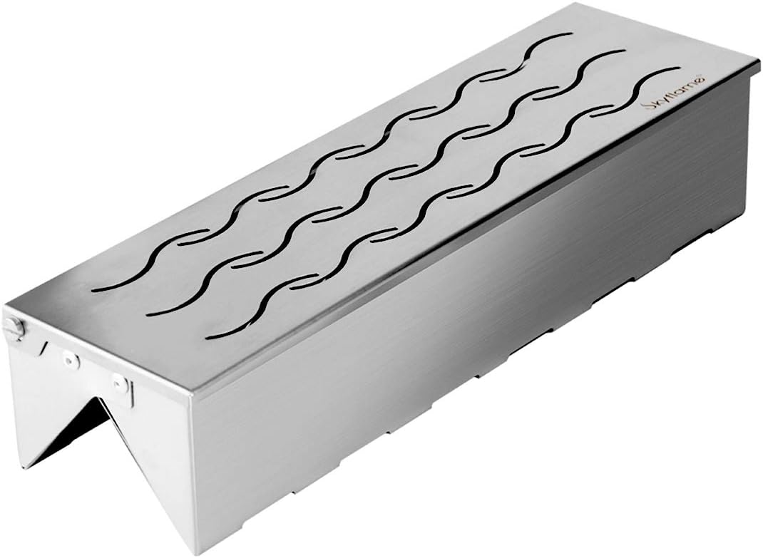 Skyflame Wood Chip Smoker Box, Stainless Steel Double V-shape BBQ Smoke Box with Hinged Lid for Charcoal & Propane Gas Grill, 12.5″(L) x 3.3″(W) x 2.5″(H), U.S. Design Patent