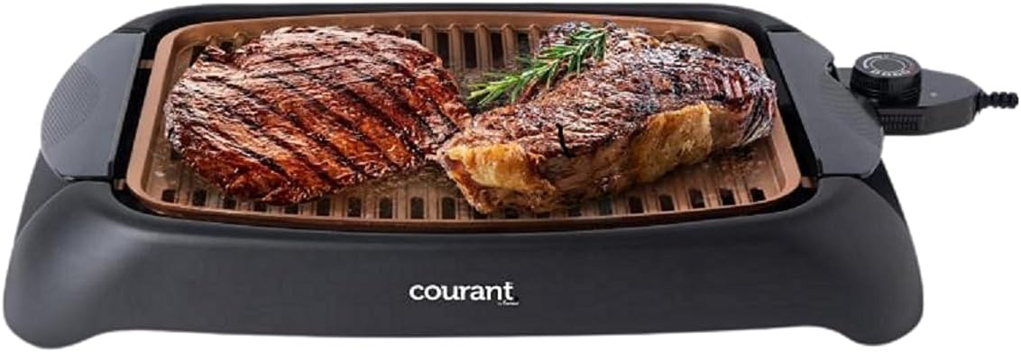 Courant smokeless indoor Electric grill, Copper Non-stick Coating Extra Large and Adjustable Temperature Control, Grill BBQ, Table Top Indoor Grill