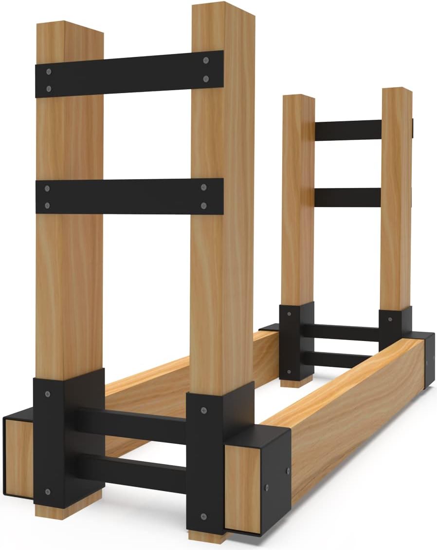 Outdoor Firewood Rack Brackets Kit for Fire Wood Pile Storage, Adjustable log stacking Stand Holder for 2×4 lumber, Black, Set of 2