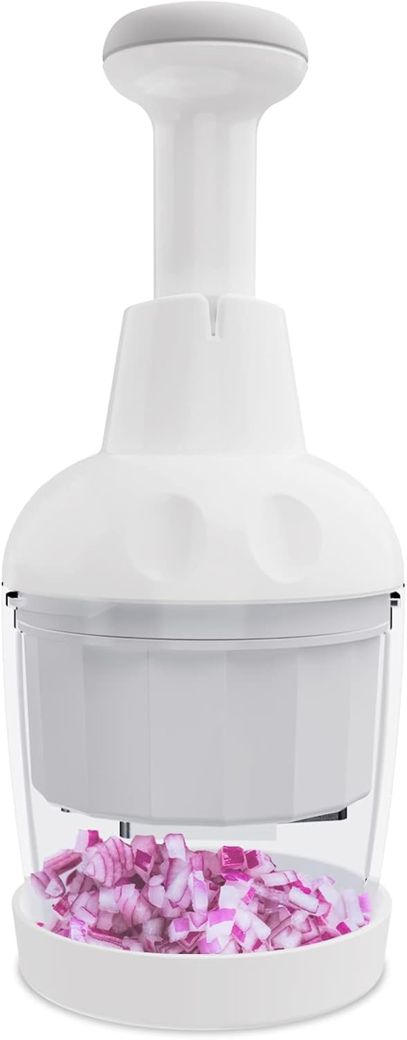 Food Chopper, Handheld Veggie Chopper for Vegetable, Onion, Garlic, Nut, Hand Vegetable Cutter, Dishwasher-safe, Stainless Steel Blade, White.