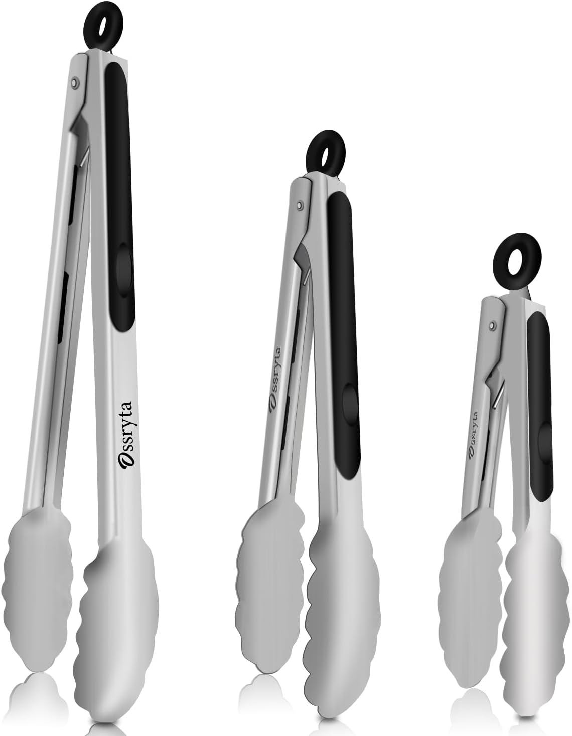 Stainless Steel Cooking Tongs Set of 3 – Heavy Duty 12/9/7 Inch Locking Tongs, Heat Resistant to 600 Degrees, Food Grade Kitchen Metal Tong for Food, Salad, & BBQ – Dishwasher Safe