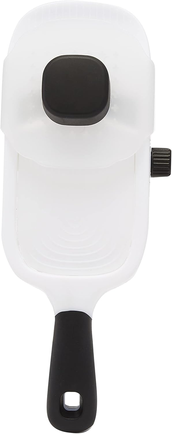 Amazon Basics Hand-held Safe Mandoline Slicer for Vegetables and Fruits, Adjustable Thickness, Stainless Steel Blade, White, 11.3″ x 4.5″ x 2.5″