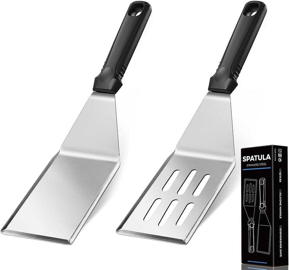 11.8-in 18/0 Stainless Steel Spatulas, Silicone Non-slip Handle, Brushed Metal Spatula Set for Kitchen Use Cast Iron Skillet, BBQ Frying Griddle, Pack of 2