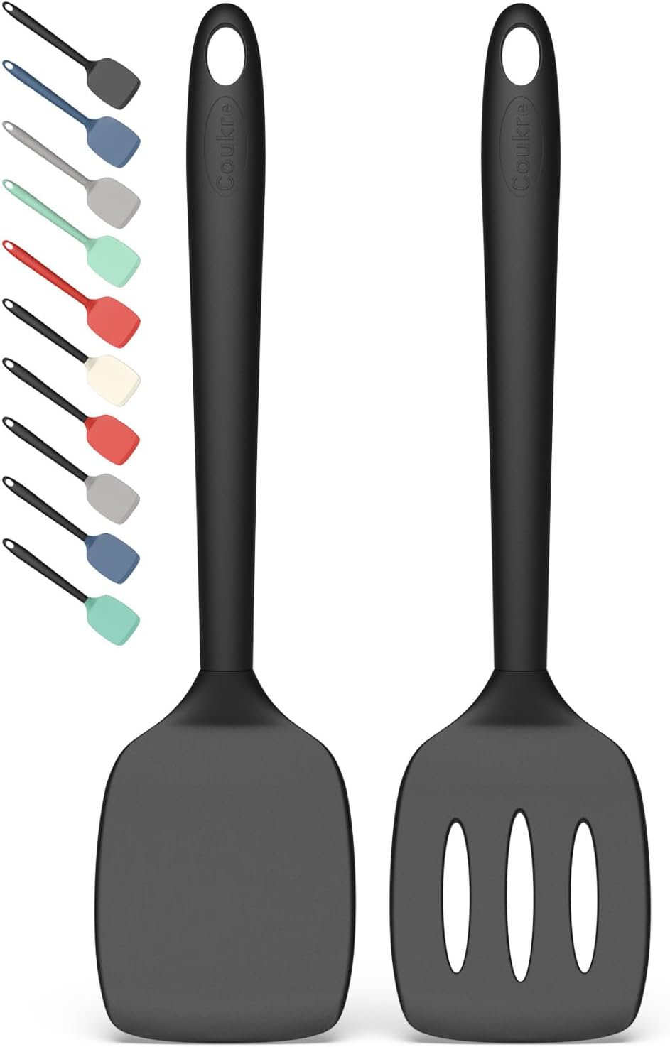 Coukre 2 Pack Silicone Spatula Set, High Heat Resistant, BPA Free Kitchen Spatula, Solid & Slotted Turner for Non-Stick Pans, Sautéing, and Flipping (2, PureBlack)