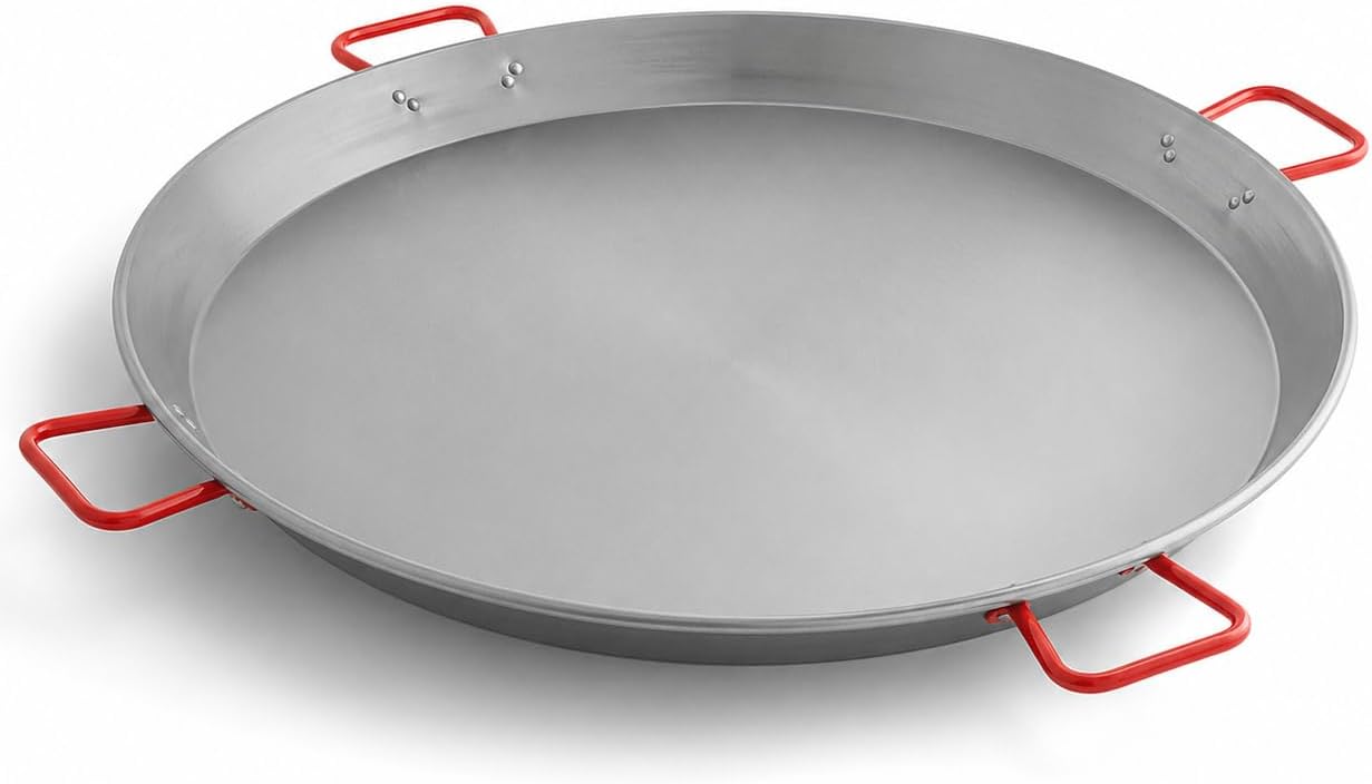 Carbon Steel Paella Pan, Silver Round with Dual Red Handles, Uncoated Dimpled Surface for 9-16 Guests, Hand Wash Only (Polished, 35 1/2″)