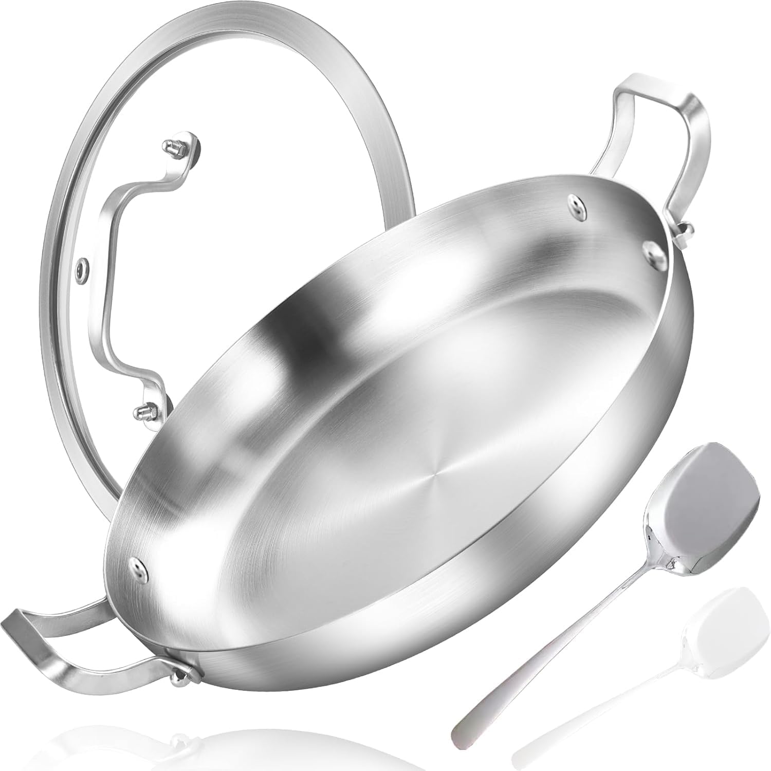 Inqibee 12 Inch Stainless Steel Paella Pan with Lid, Large Frying Pan Skillet with Double Riveted Handles, Wide Shallow Paellera for Stovetop, Induction Compatible, Oven Safe, Dishwasher Safe