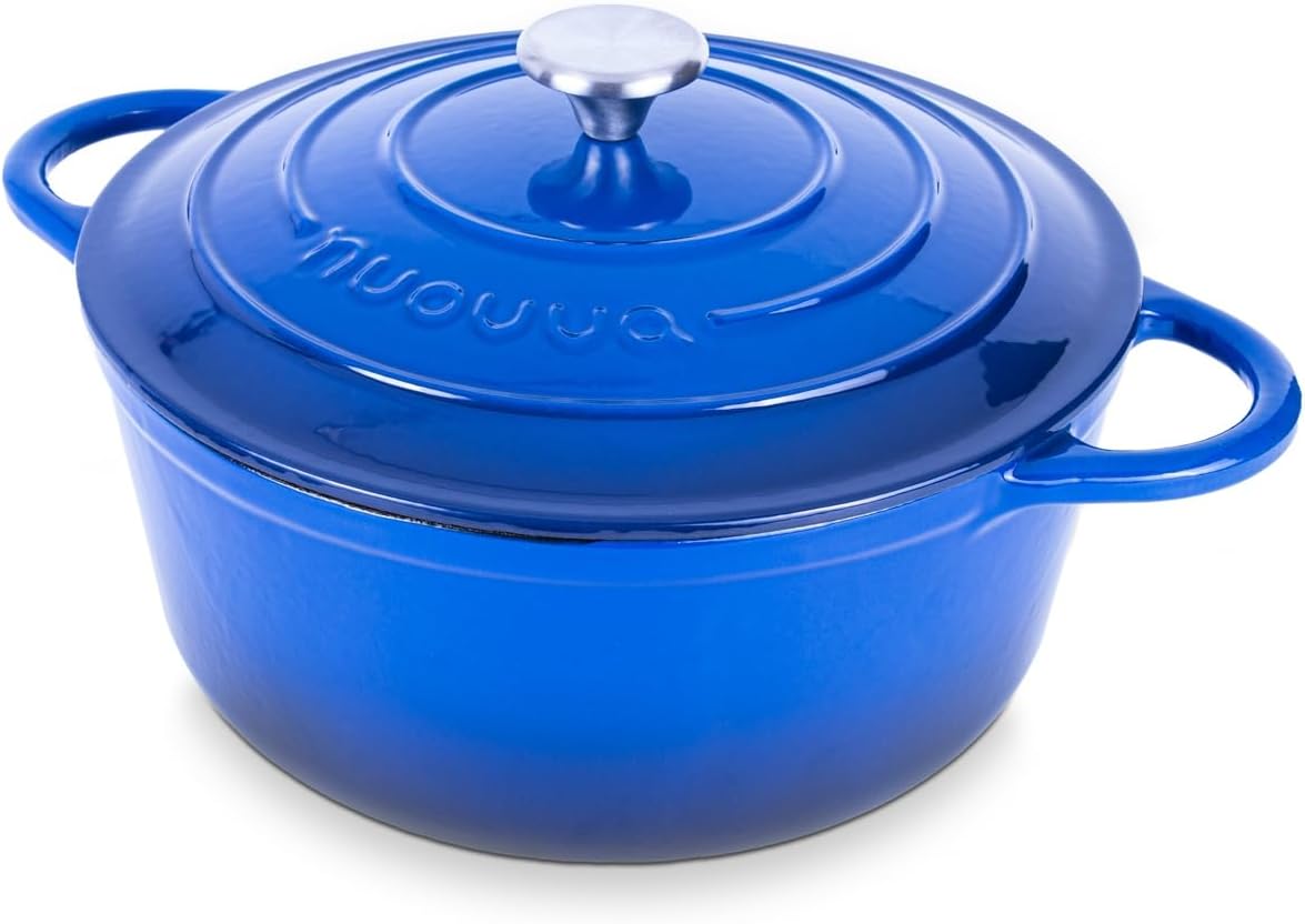 Nuovva Enamelled Cast Iron Dutch Oven Pot with Lid-6.4 Quart Non Stick Casserole Pot-Heavy Duty & Oven Safe up to 500° F for Bread Baking, Braising, Stews, Roasting – 28cm Dark Blue
