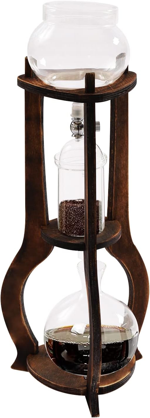 Iced Coffee Cold Brew Drip Tower, 600Ml Glass Cold Brew Coffee Makers 6-8 Cups Cold Extracted Coffee 2drops/S Brewing 3 to 5 Hours with Removable Shelf and Adjustable Drip Speed Valve (Brown)