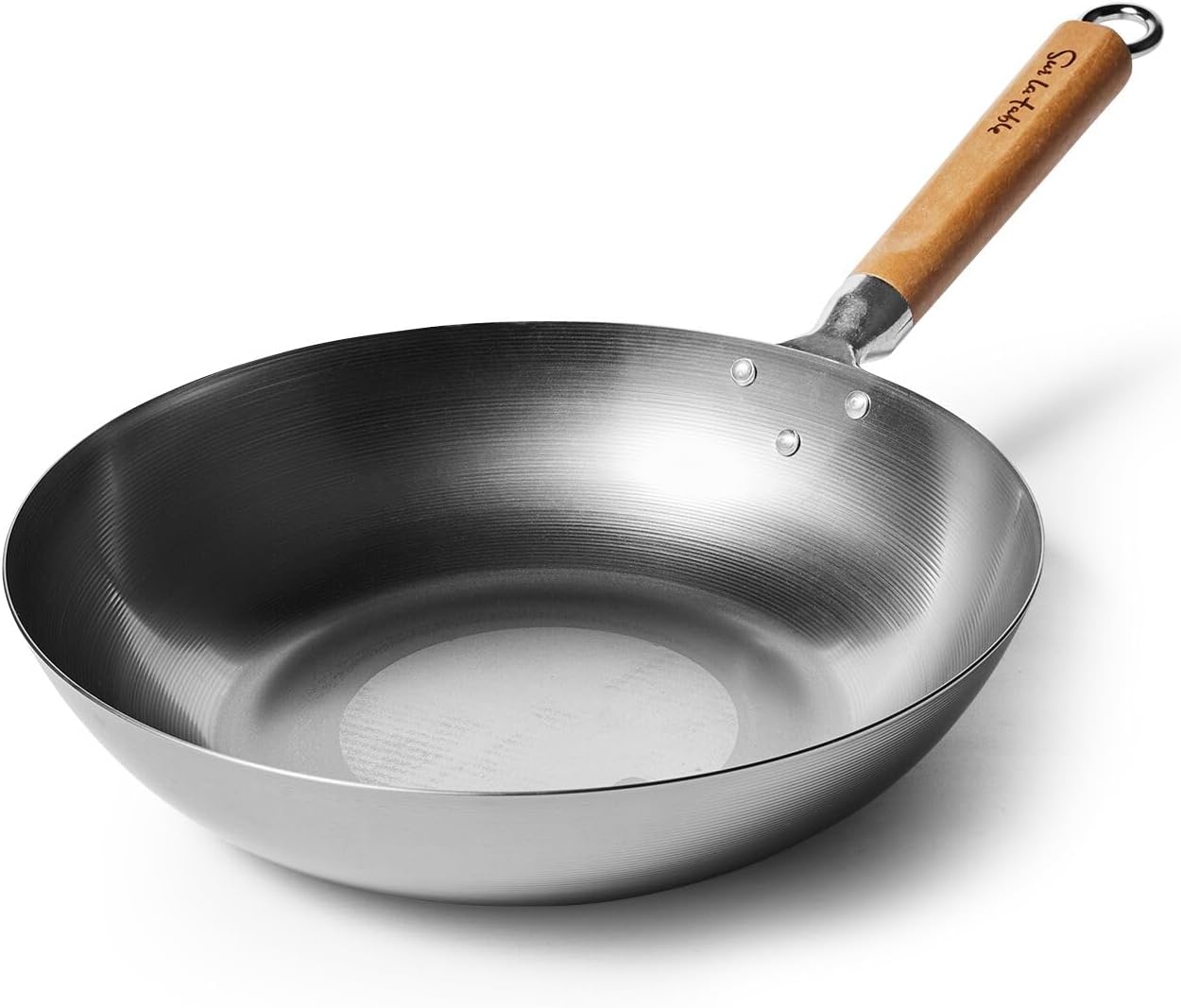 Sur La Table 12″ Carbon-Steel Wok, Flat Bottom Pan for High-Heat Cooking – Ideal for Deep-Frying, Steaming, and Stir-Frying– Lightweight, Fast Heating