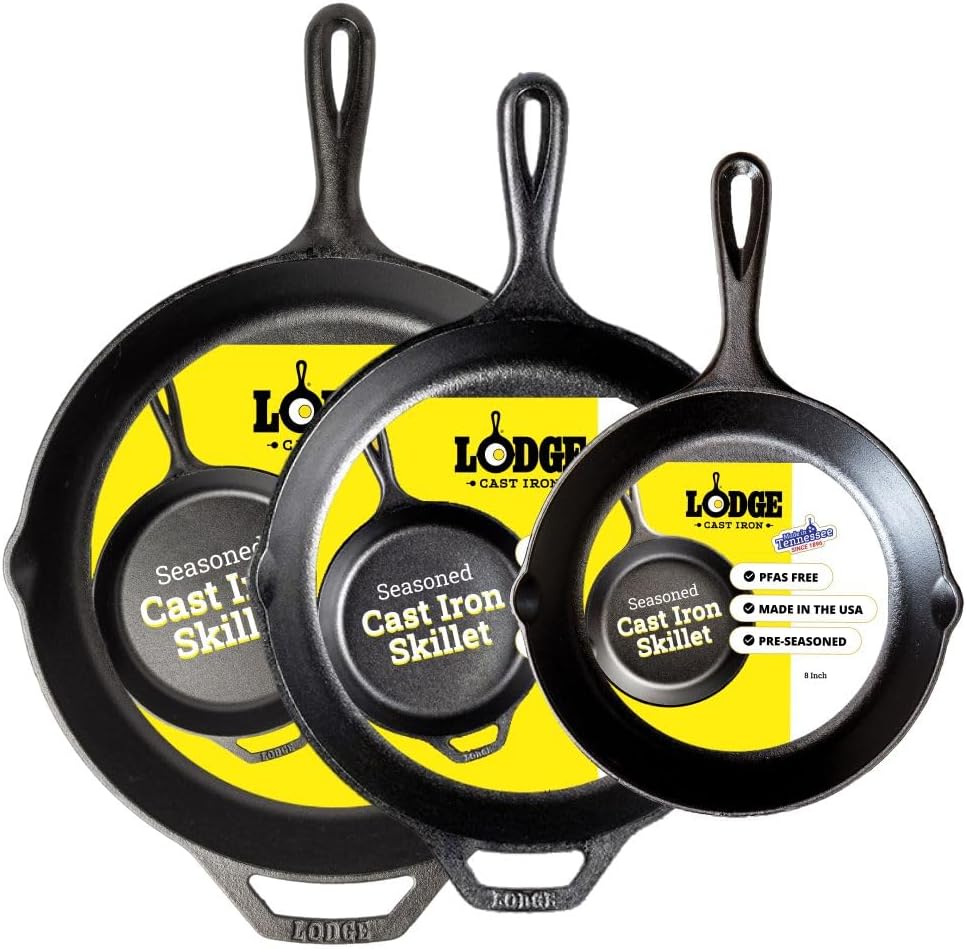 Lodge Seasoned Cast Iron Skillet Set 8, 10.25 & 12 Inches – PFAS-Free, Non-Toxic Cookware – Use with an Oven, Stove, Grill, or Campfire – Naturally Non-Stick & Oven Safe