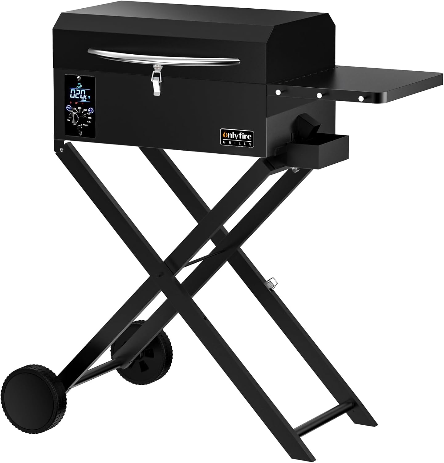 ONLYFIRE GRILLS BBQ Wood Pellet Grill Smoker with Foldable Cart, Meat Probe, 2 Tiers Cooking Area, Portable Grilling Stove for Outdoor Kitchen Cooking Smoke and Roast, RV Camping, Black GS343
