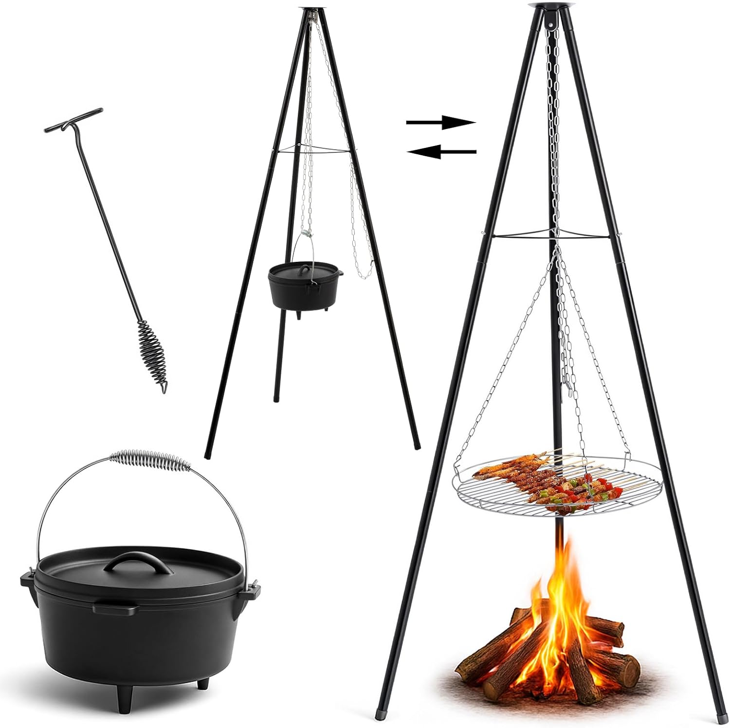 Maxdot Camping Tripod Dutch Oven for Camp Fire Cooking Equipment, 4 Quart Cast Iron Dutch Oven with Lid, Adjustable Height Tripod Campfire Lantern Hanger, Grill Grate, Cap Remover for over Fire Pit