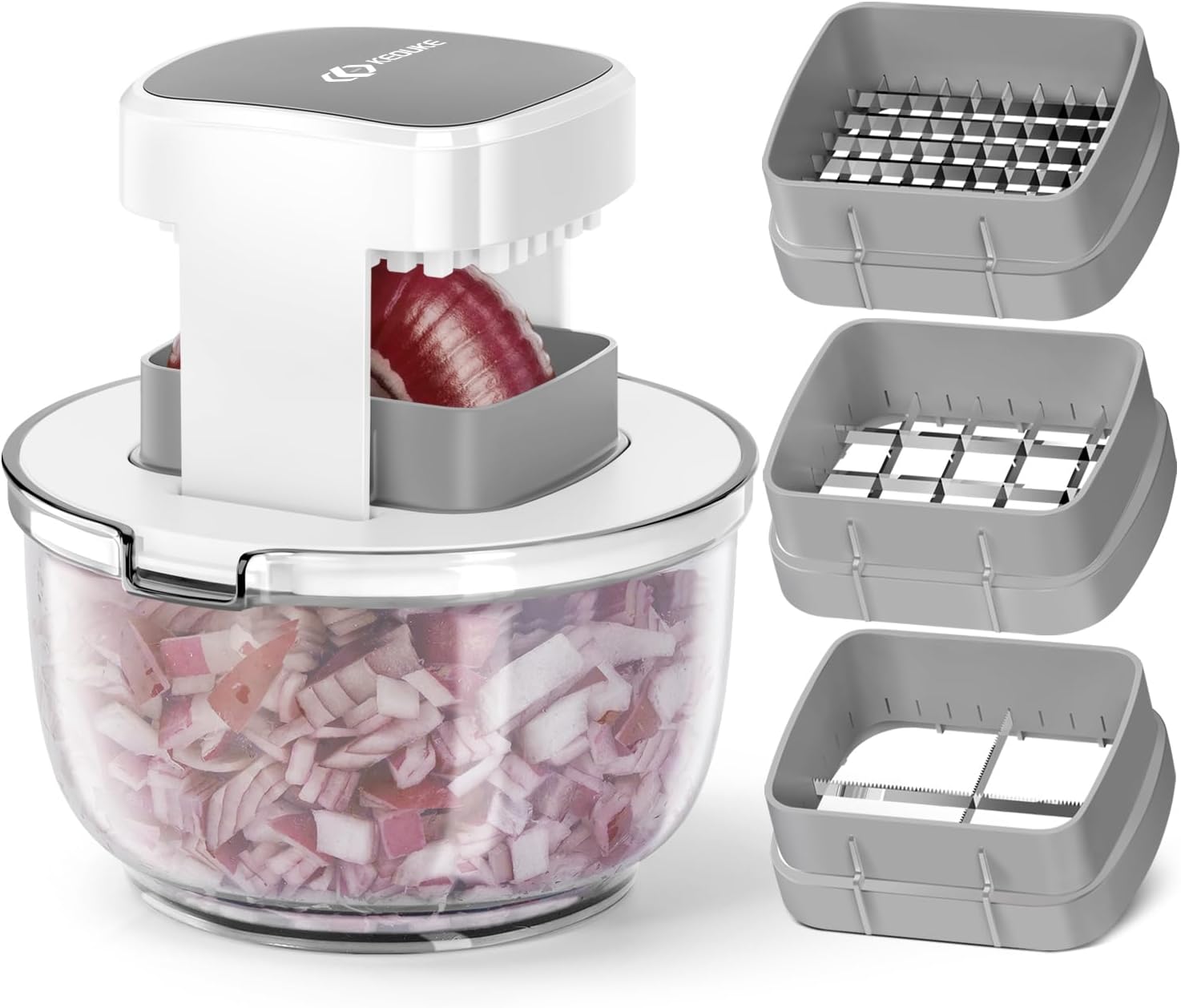 KEOUKE Multifunctional Vegetable Chopper Bowl White – 3 Interchangeable Blades Potato French Fry Cutter with Container & Storage Box Food Chopper Dicer for Cucumber, Tomato, Carrot, Onion