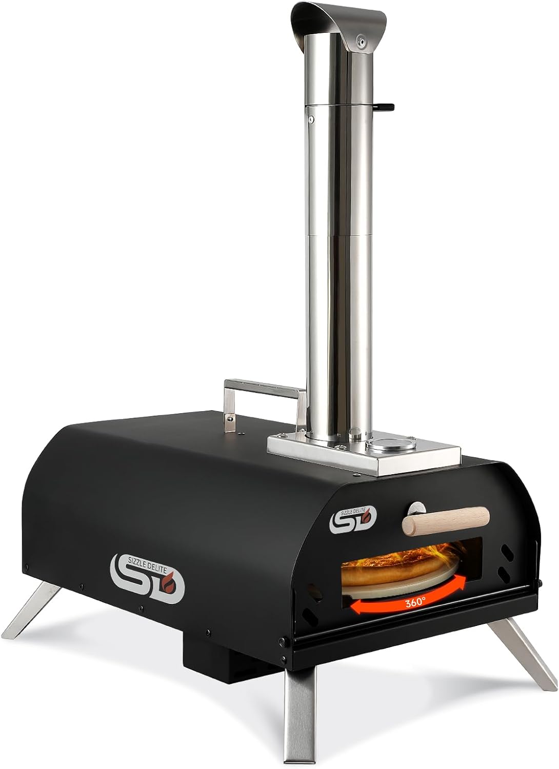 SizzleDelite Outdoor Pizza Oven Wood Pellet 12″ Round Pizza Stone, Portable Wood Fired with Built-in Thermometer Pizza Stove, Stainless Steel Pizza Maker for Outside, Backyard, Camping – Black