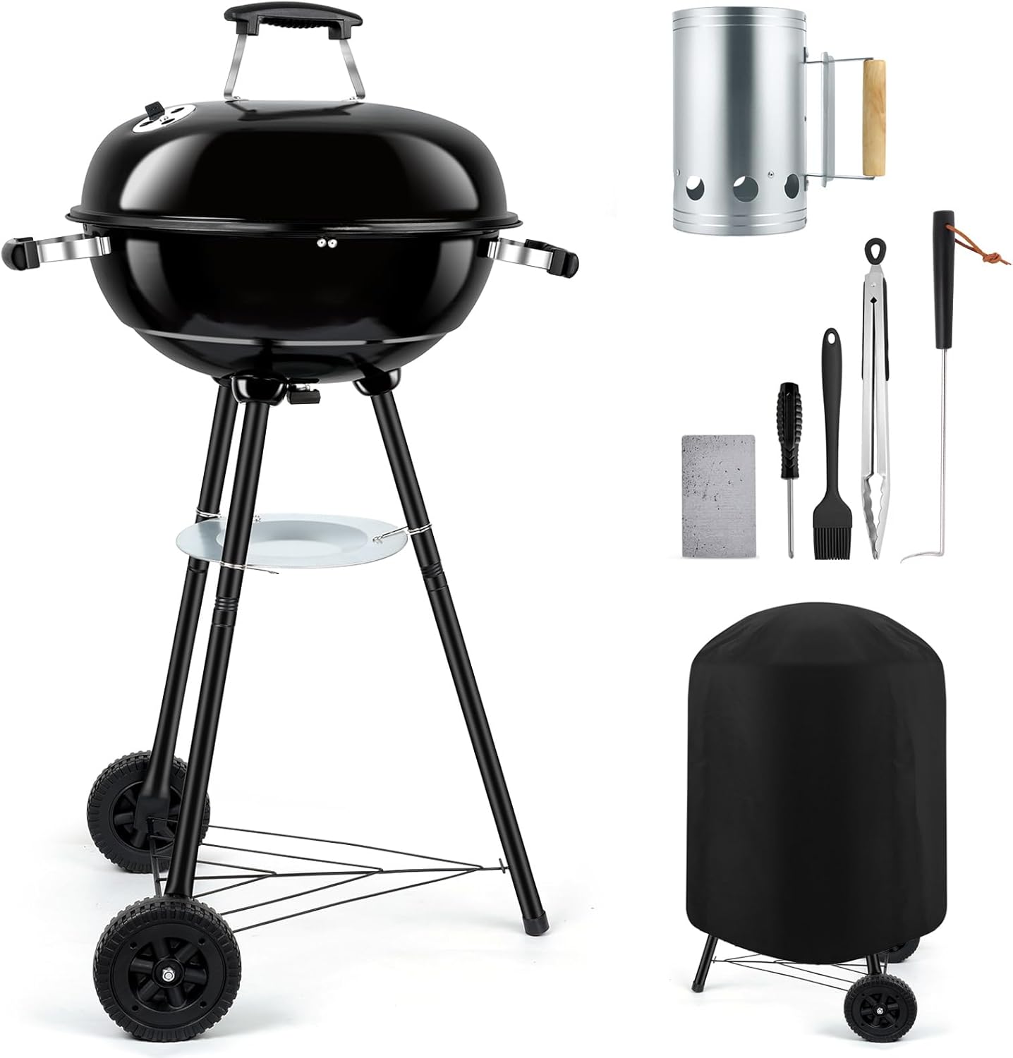 18 inch Kettle Charcoal Grills, Leonyo Portable BBQ Charcoal Grill for Outdoor with Cover & Chimney Starter, Griddle Accessories for Camping, Patio, Backyard Cooking – 254 Sq.in