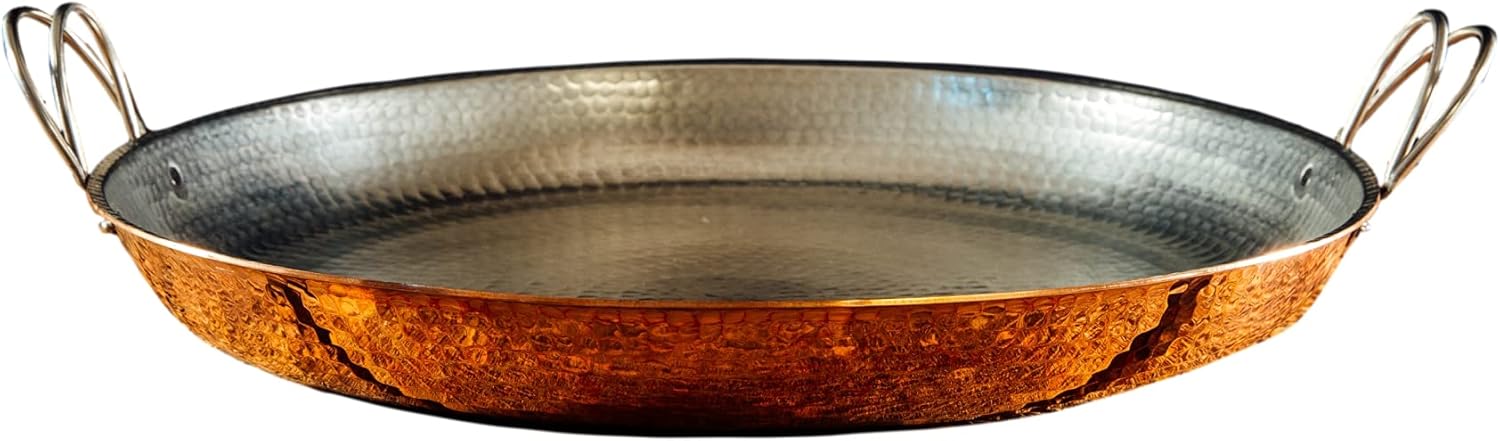 Sertodo 15 Inch Hand-Hammered Copper Paella Pan | Heavy-Gauge Pure Copper Frying Pan & Skillet | Artisan Cookware for Cooking & Serving – Alicante Style
